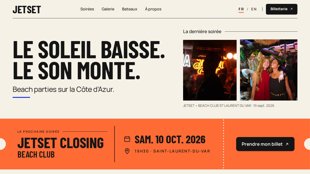JetSetBoat — page d'accueil du site, beach parties sur la Côte d'Azur